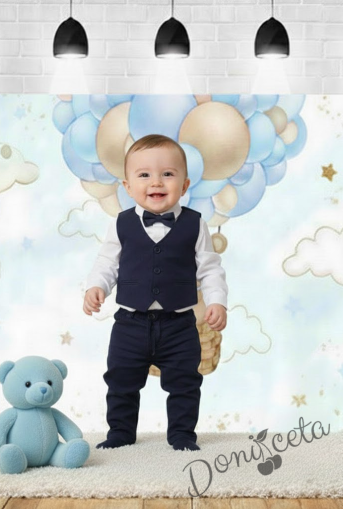 Бебешки спортно-елегантен комплект от боди-риза в бяло съчетано с  панталон, елек и папийонка в тъмносиньо