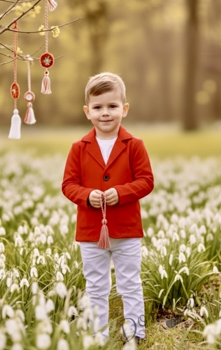 Комплект от детско сако трико за момче в червено с джобчета и панталон в бяло