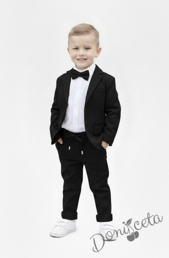 Елегантен комплект Тери за момче от 4 части в черно-риза в бяло, сако с джобове, панталон с връзки и папийонка Черновина