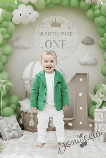 Комплект от детско сако от трико за момче в зелено с джобчета и панталон в бяло