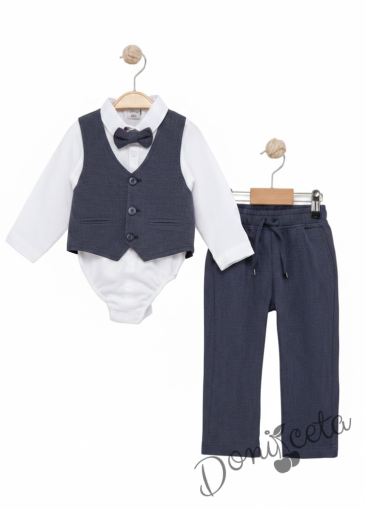 Бебешки спортно-елегантен комплект от боди-риза в бяло, панталон, елек и папийонка в тъмносиво