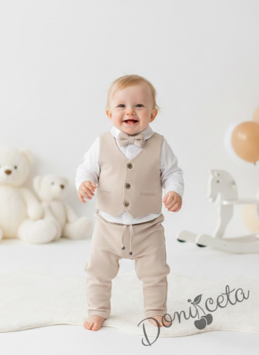 Бебешки спортно-елегантен комплект от панталон, елек и папийонка в бежово и  боди-риза в бяло