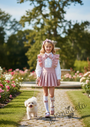 Комплект за момиче от 5 части- сукман Гери в розово с плисирана пола, риза в бяло с дълъг ръкав и къдрички ,панделка за ризка и чорапки и диадема в  розово