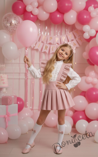 Комплект за момиче от 4 части- сукман Гери в розово с плисирана пола, риза в бяло с дълъг ръкав и къдрички , чорапки и диадема в  розово