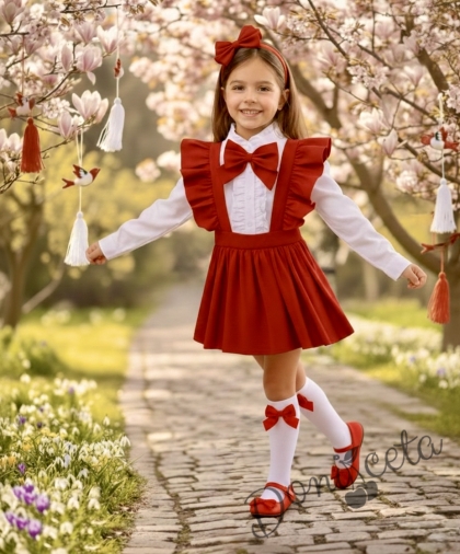 Комплект за момиче от 4 части- сукман от трико Гери в червено, риза в бяло с дълъг ръкав и къдрички, панделка в червено за ризаката и диадема