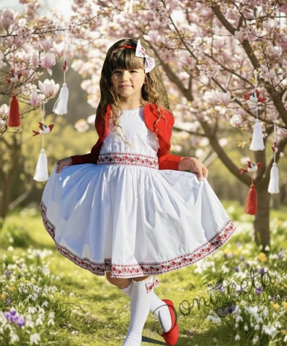 Комплект от детска народна носия-рокля без ръкав с фолклорни и етно мотиви и болеро в червено