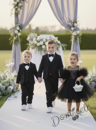 Елегантен официален костюм за момче от 5 части в черно със сако и елек