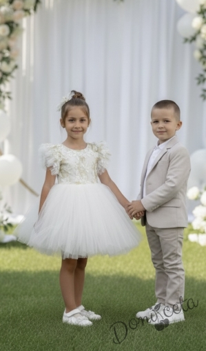 Детска официална рокля Шарлот в екрю 3D листа, с къс ръкав с тюл и панделка за коса