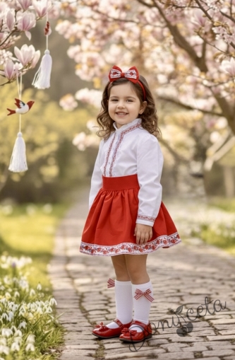 Комплект за момиче от 2 части- пола в червено и риза с дълъг ръкав и къдрици с фолклорни/етно мотиви 