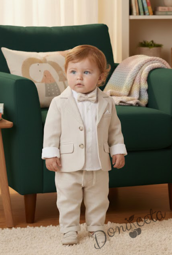 Бебешки комплект от 4 части за момче-сако в бежово, боди-риза в бяло и панталон в бежово с папийонка