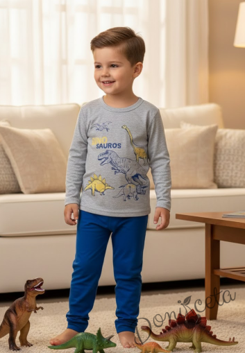 Детска пижама  за момче с дълъг ръкав с динозаври в синьо и сиво