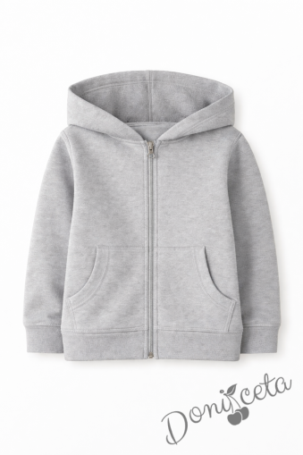 Детски неватиран суитшърт с цип и дълъг ръкав в сиво, подходящ за момче или момиче и за ученическа униформа