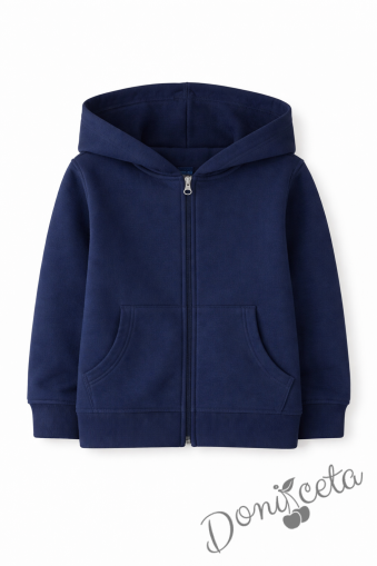 Детски неватиран суитшърт с цип и дълъг ръкав в тъмносиньо, подходящ за момче или момиче и за ученическа униформа