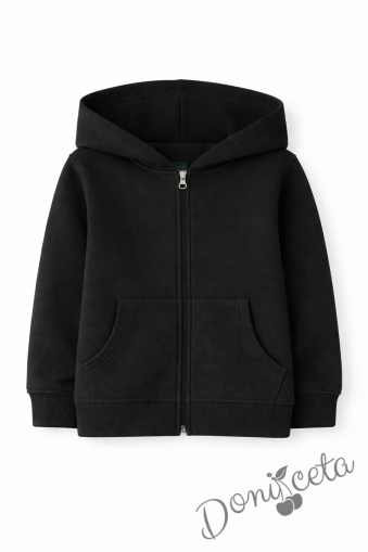 Ватиран детски суитшърт с цип и дълъг ръкав в черно, подходящ за момче или момиче и за ученическа униформа