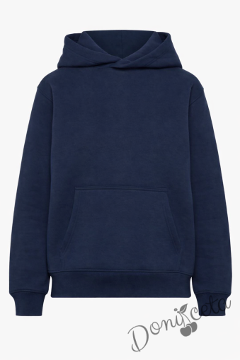 Ватиран суитшърт без цип с дълъг ръкав в тъмносиньо, подходящо за момче или момиче и за ученическа униформа