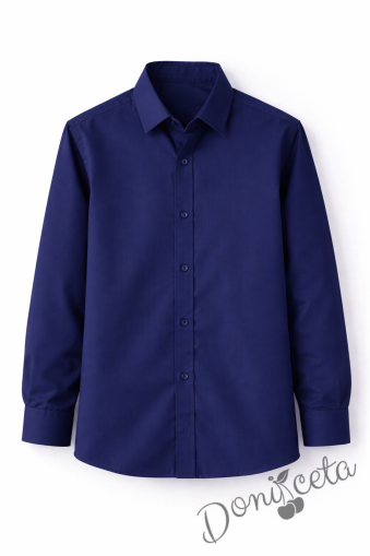Детска риза за момче в тъмносиньо с дълъг ръкав подходяща и за ученическа униформа 