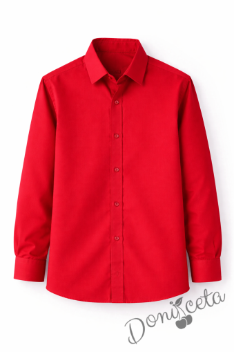Детска риза за момче в червено с дълъг ръкав подходяща и за ученическа униформа 
