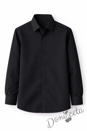Детска риза за момче в черно с дълъг ръкав подходяща и за ученическа униформа 