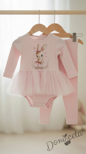 Бебешки комплект рипс от 2 части- боди в розово с тюл и картинка зайче и панталонки 