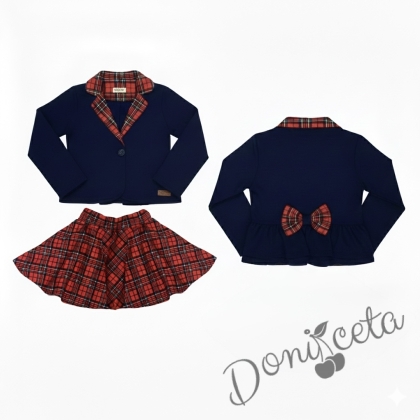 Детски комплект Карена за момиче от пола от трико клош Роси в каре и сако в тъмносиньо с каре 