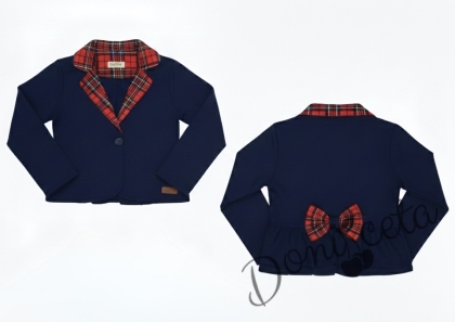 Детско сако за момиче в тъмносиньо Гери и каре с къдрици и панделка отзад подходящо за училищна униформа