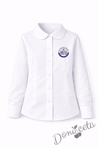 Детска риза за момиче в бяло с дълъг ръкав и за ученическа униформа с лого