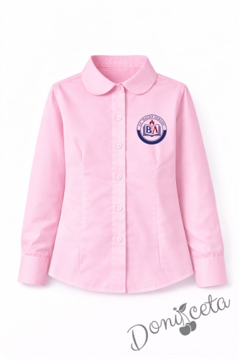 Детска риза в розово за момиче с дълъг ръкав и за ученическа униформа с лого