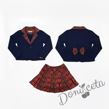 Детски комплект Карена за момиче от пола плисе от трико в каре и сако в тъмносиньо с каре 