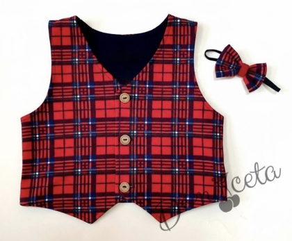 Елек за момче в каре в тъмносиньо и червено с папийонка от трико