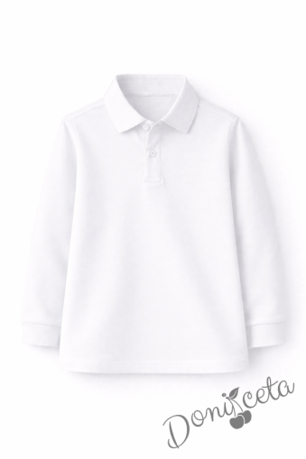 Детска блуза с якичка с дълъг ръкав в бяло, подходяща за момче или момиче и за ученическа униформа 