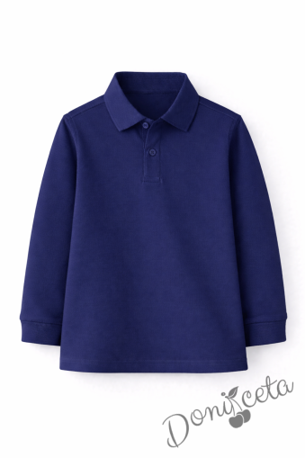 Детска блуза с якичка с дълъг ръкав в тъмносиньо, подходяща за момче или момиче и за ученическа униформа 