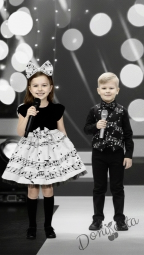 Детска рокля с къс ръкав в черно с бяла долна част с ноти и тюл в черно