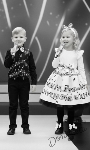 Детска рокля с дълъг ръкав в бяло с ноти и тюл в долната част