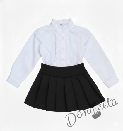 Комплект за момиче от 2 части-пола Гери в черно и риза с дълъг ръкав в бяло с къдрички 