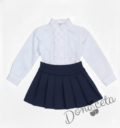 Комплект за момиче от 2 части-пола Гери в тъмносиньо и риза с дълъг ръкав в бяло с къдрички 