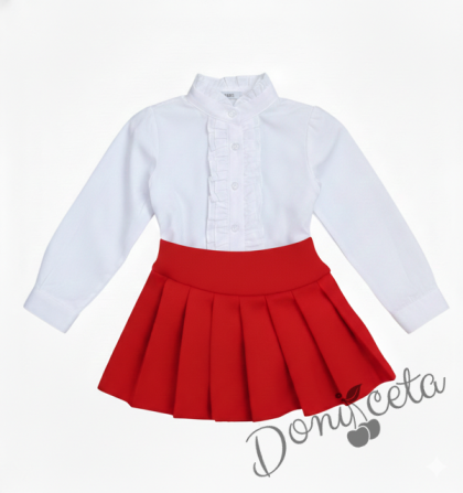 Комплект за момиче от 2 части-пола Гери в червено и риза с дълъг ръкав в бяло с къдрички и висока яка