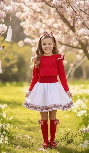 Комплект за момиче от пола в бяло и блуза в червено с къдрици с фолклорни/етно мотиви