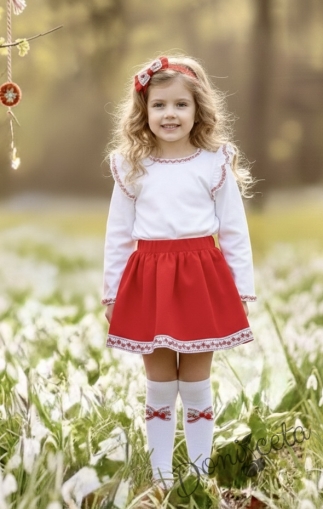 Комплект за момиче за Баба Марта от 4 части-пола в чер, блуза в бяло с къдрици с фолклорни/етно мотиви, чорапи в бяло с панделка и диадема