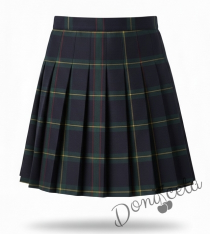 Детска плисирана пола каре леко удължена в тъмносиньо и зелено, подходяща и за ученическа униформа 