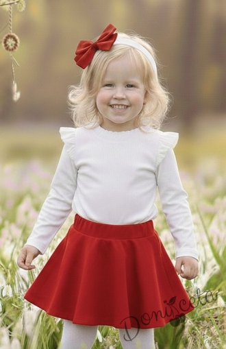 Комплект за момиче от 2 части-пола клош от трико Роси в червено и блуза с дълъг ръкав с къдрички в бяло 