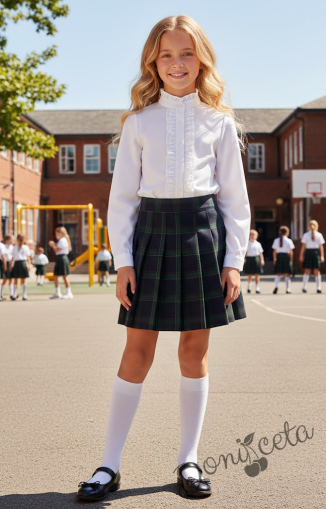 Комплект от 2 части с бяла изчистена риза и карирана плисирана пола, подходящ и за ученическа униформа