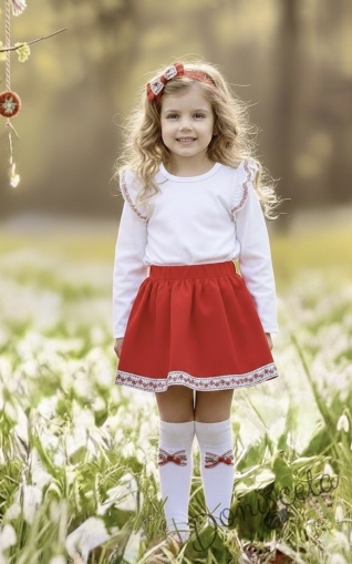 Комплект за момиче за Баба Марта от 4 части-пола в чер, блуза в бяло с къдрици с фолклорни/етно мотиви, чорапи в бяло с панделка и диадема