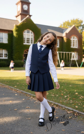 Комплект от 4 части плисирана пола над коляното с елече и вратовръзка в тъмносиньо и риза в бяло, подходящ и за ученическа униформа