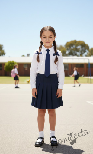 Комплект от 3 части пола плисе над коляното в тъмносиньо, бяла изчистена риза и вратовръзка в тъмносиньо, подходящ и за ученическа униформа