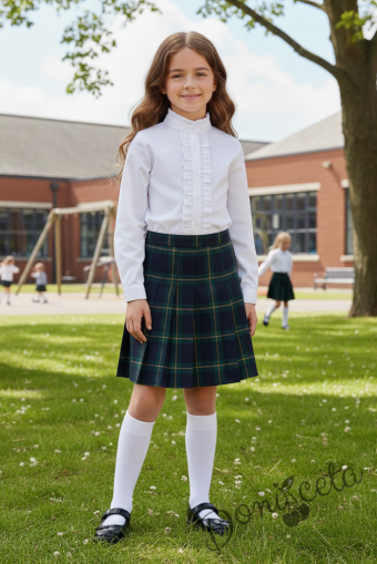 Комплект от 2 части с бяла изчистена риза и карирана плисирана пола до коляното, подходящ и за ученическа униформа
