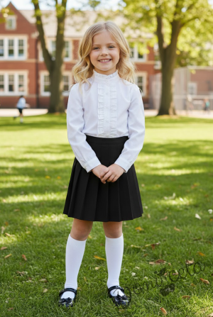 Комплект от 2 части-плисирана пола в черно до коляното и риза с дълъг ръкав с висока яка