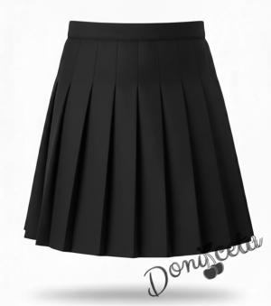 Комплект от 2 части-плисирана пола в черно до коляното и риза с дълъг ръкав с висока яка