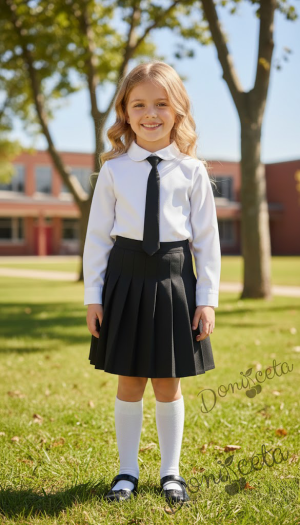 Комплект от 3 части пола плисе до коляното в черно, бяла изчистена риза и вратовръзка в черно, подходящ и за ученическа униформа