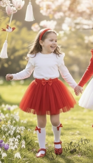 Детска туту пола с богат тюл в червено с панделка отпред 