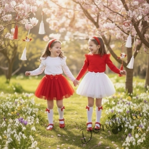 Детска туту пола с богат тюл в червено с панделка отпред 